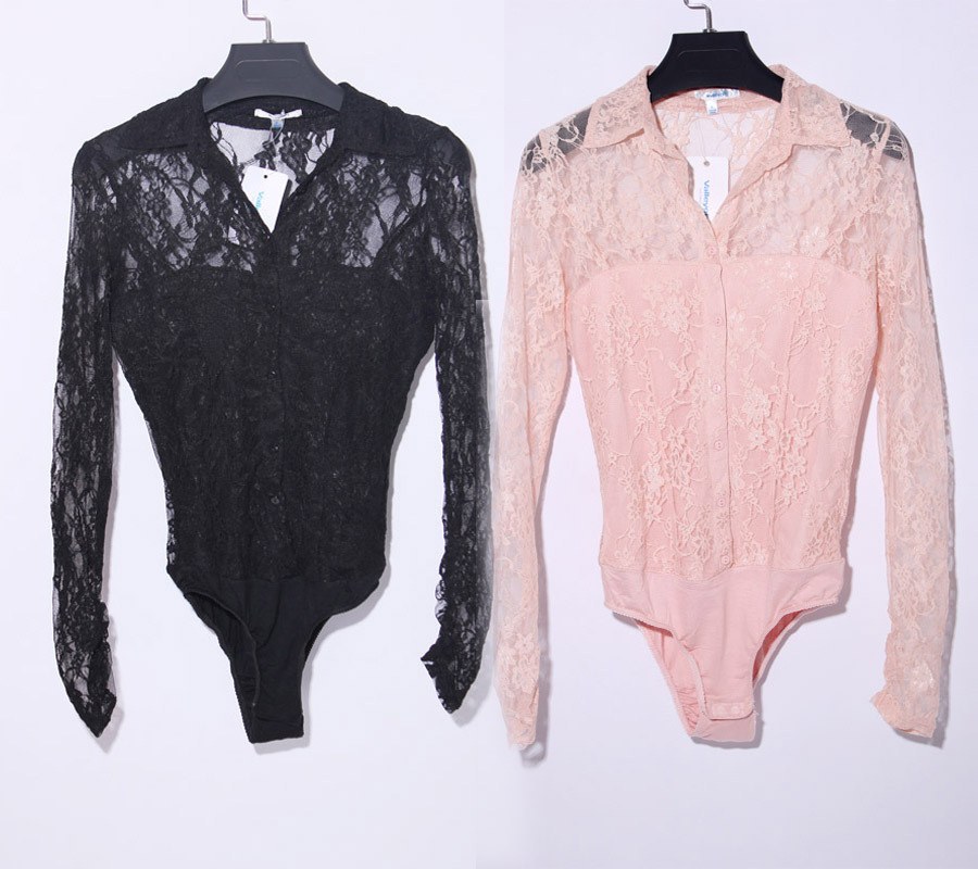 Cherry In The Eden, Free Shipping, sexy lace racerback long-sleeve slim turn-down collar one piece shirt black pink