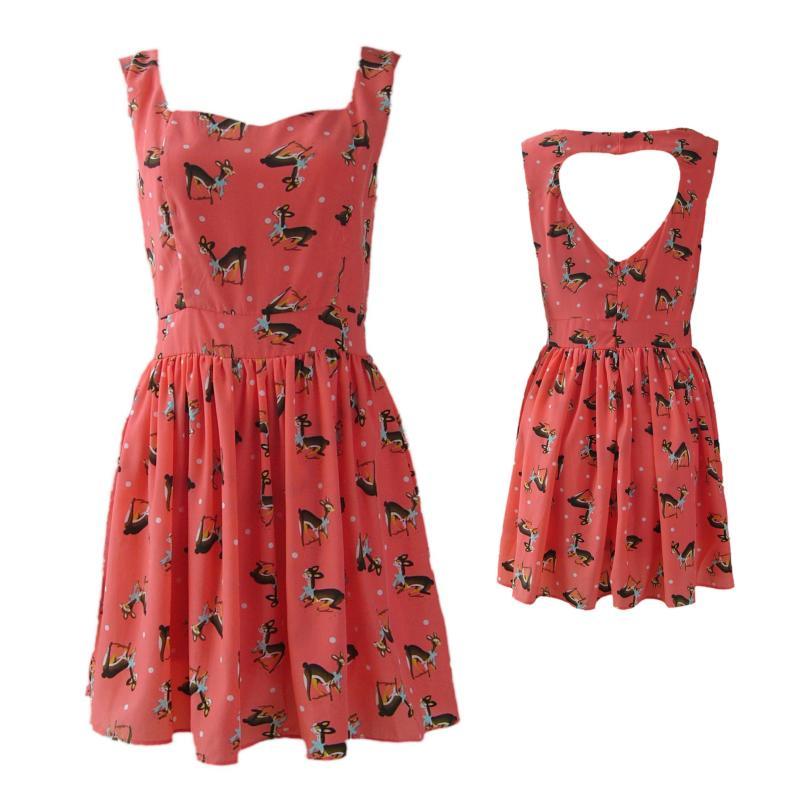Cherry In The Eden, Free Shipping, vintage back cutout heart racerback print chiffon one-piece dress summer plus size