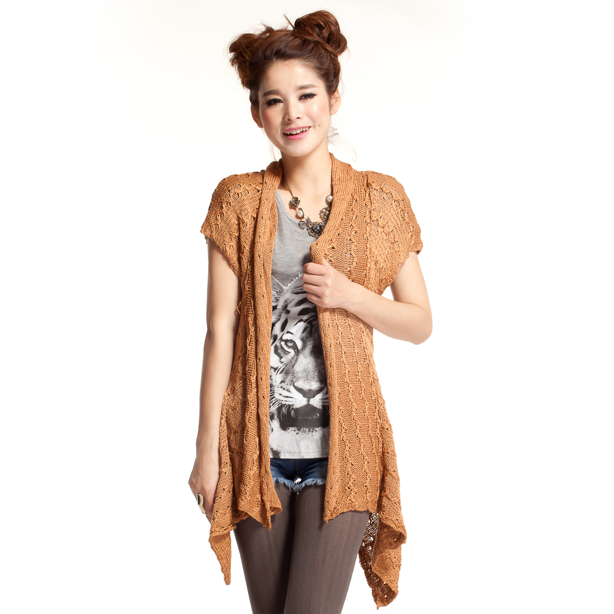 Cherryanne 2013 spring thick yarn sleeveless cutout shoulder cape woven vest sweater female cardigan