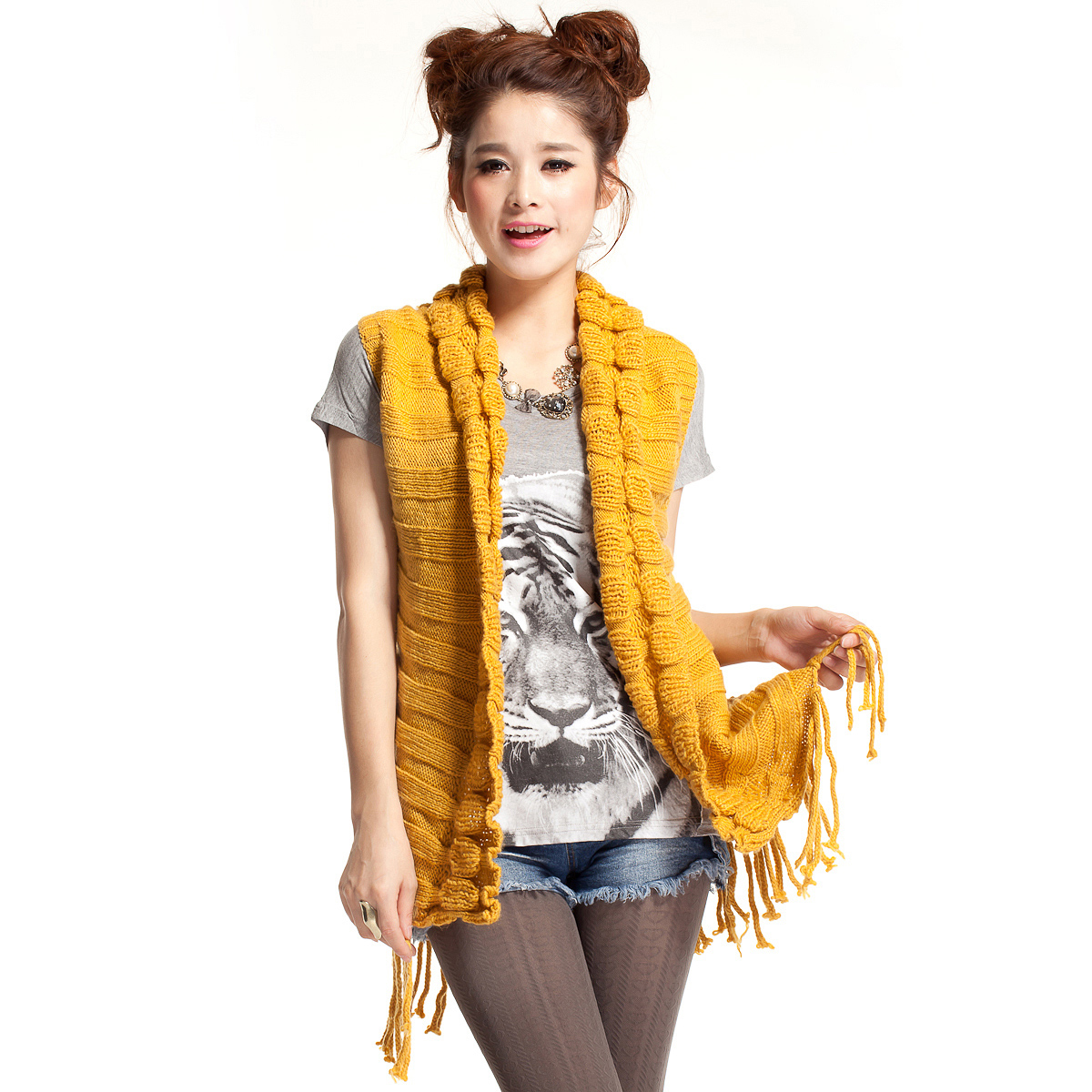 Cherryanne2012 thick yarn tassel sleeveless shoulder cape vest knitted vest sweater cardigan