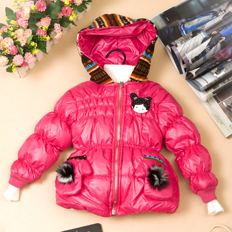 Chest print cap girl pocket wool female child wadded jacket cotton-padded jacket children's clothing