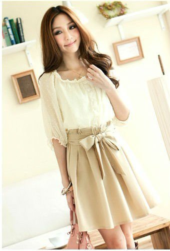 CHIC BOAT NECK SHORT SLEEVE DRESS WITH RIBBON 2057