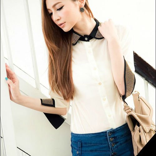 CHIC COLOR BLOCK PATCHWORK HALF SLEEVE TURN-DOWN COLLAR CHIFFON TOP WHITE S 3594