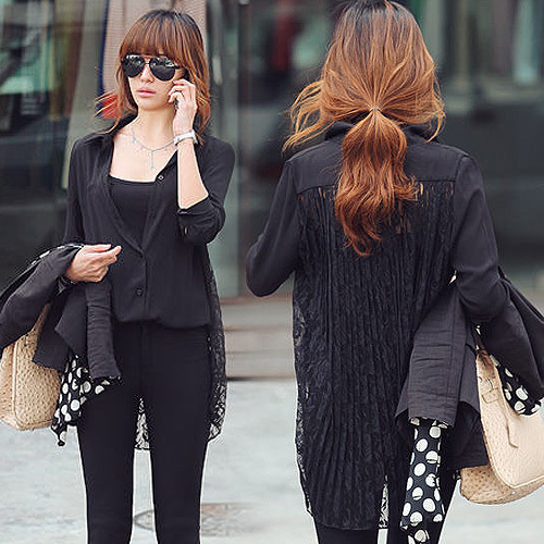 Chic Fashion Hot-selling Soft Loose Irregular hem Lace patchwork Turn-down collar Ladies Black Shirt s2418