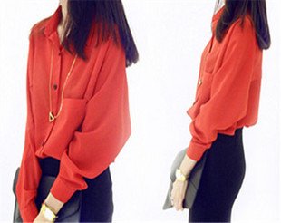 Chic Fashion Shirt Vintage Womens' Ladies' Long Sleeve Turn-down Collar Loose Blouses Casual Chiffon Dolman Sleeve Brand Shirts