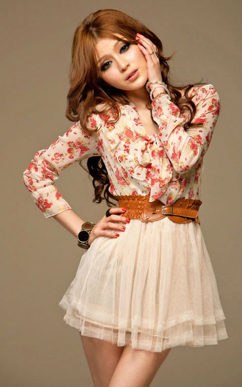 CHIC FLORAL LONG SLEEVE DRESS + BELT PINK SZ S WF-1290