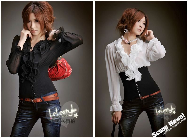 CHIC FRILL CHIFFON TOP BLOUSE TUNIC 1304 (WHITE/BLACK) SIZE S