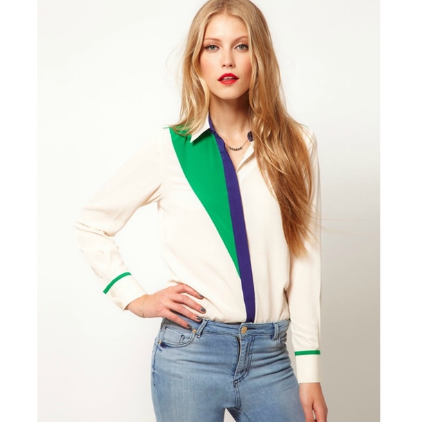 CHIC Lapel PATCHWORK LONG SLEEVE CHIFFON SHIRT,934