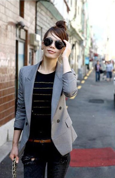 CHIC LONG SLEEVES BLAZER SLIM FIT GREY SZ 1418