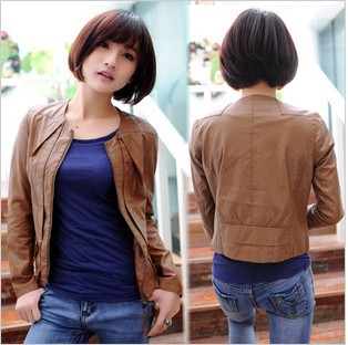 CHIC New top sell 2013 spring women's long-sleeve o-neck zipper full lace inside fashion PU leather clothing casual jacket coat
