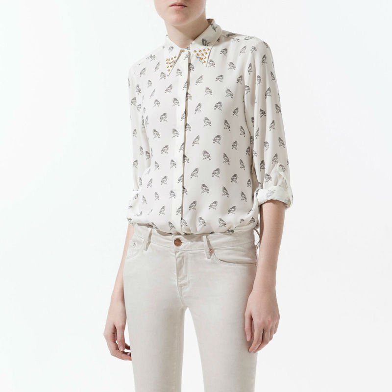 CHIC OWLS PRINT LONG SLEEVE STUDED COLLAR CHIFFON SHIRT 3324