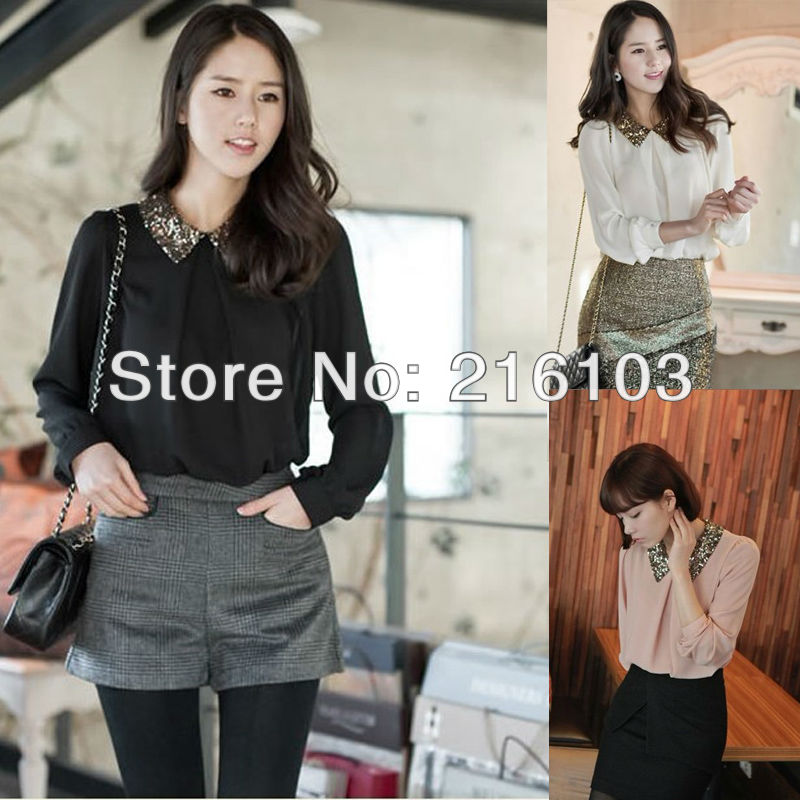 Chic Paillette Collar Long Sleeve Chiffon Shirt Blouse Top NO.0205