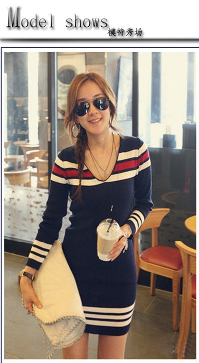 CHIC STRIPED V NECK LONG SWEATER 1759