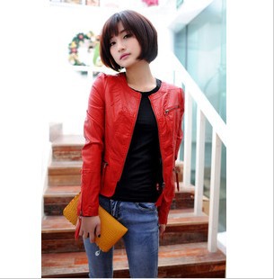 CHIC top sell 2013 spring women's fshion long-sleeve o-neck zipper full lace inside slim Pu leather jacket coat Free Shipping