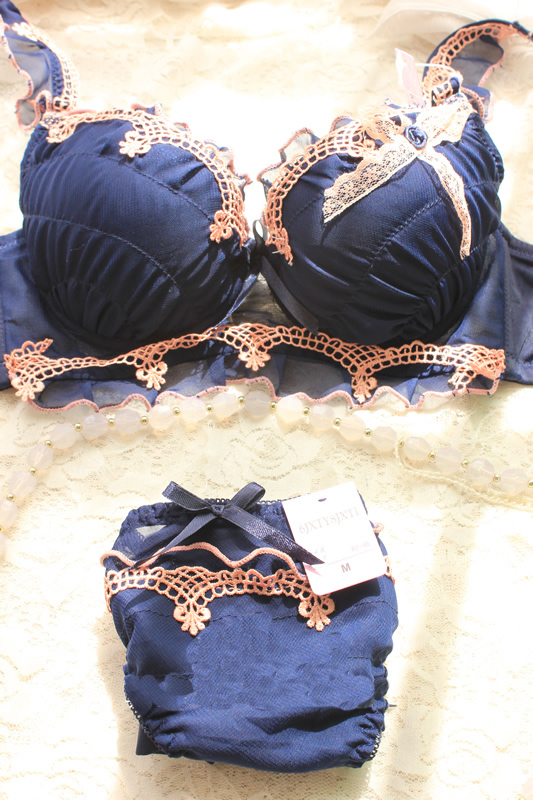 Chiffon lace women's buckle push up side gathering underwear bra set