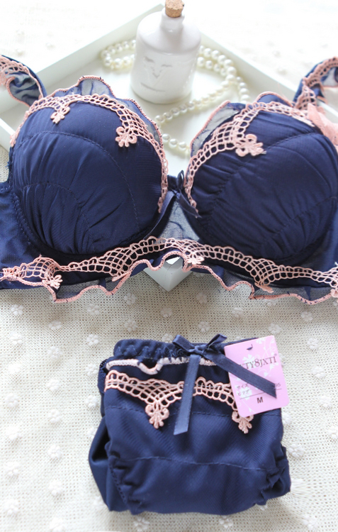 Chiffon lace women's buckle push up side gathering underwear bra set