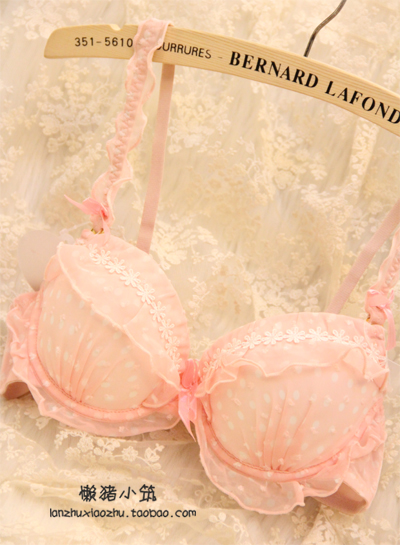 Chiffon polka dot small ruffle hem women's bra underwear set 2166 pink