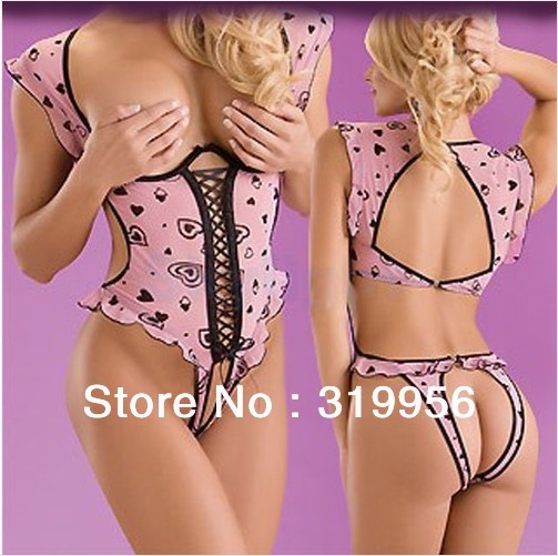 Chiffon Sexy Lingerie Pink Lace Up Sweet Peach Heart