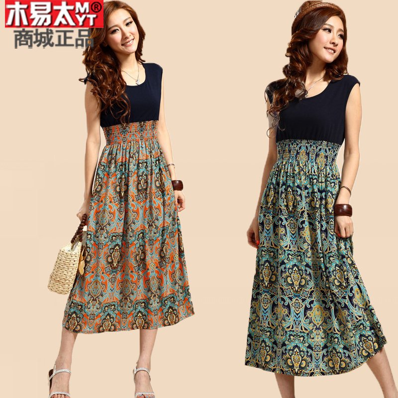 Chiffon vintage patchwork national trend beach long skirt bohemia one-piece dress summer female