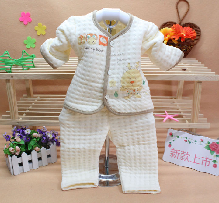 Child baby underwear newborn baby warm 100% cotton set o-neck cardigan buttons breathable thermal set