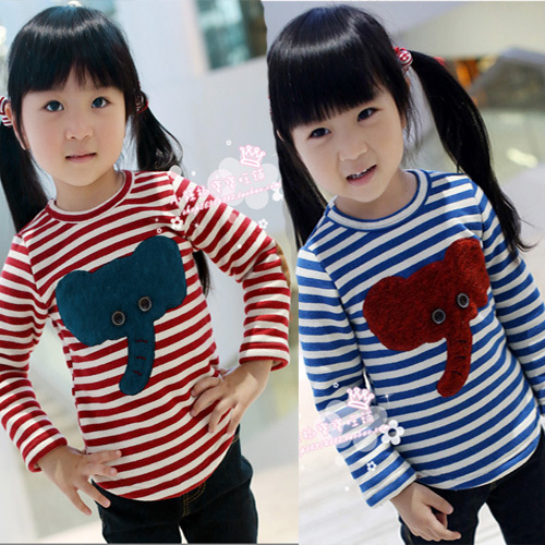 Child classic stripe navy berber fleece basic plus velvet thickening fleece basic shirt long-sleeve T-shirt 4516