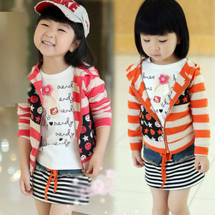 Child clothing female baby spring 2013 100% cotton stripe with a hood zipper sweater outerwear