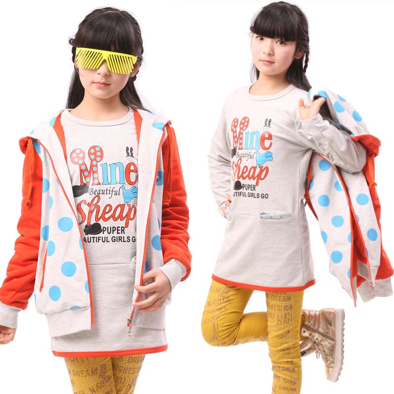 Child female child long design t-shirt sweatshirt with a hood zipper outerwear 2013 spring children's clothing female twinset