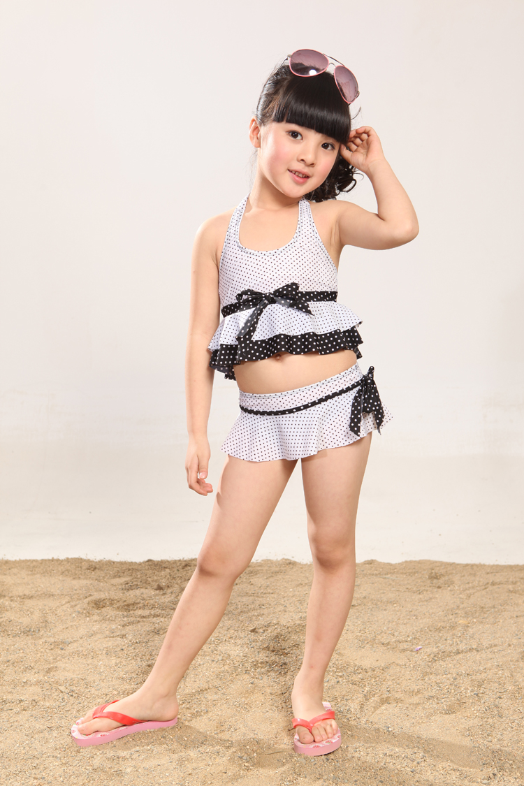 Child female child swimwear dots ruffle split skirt swimwear girl swimwear 2 - 10