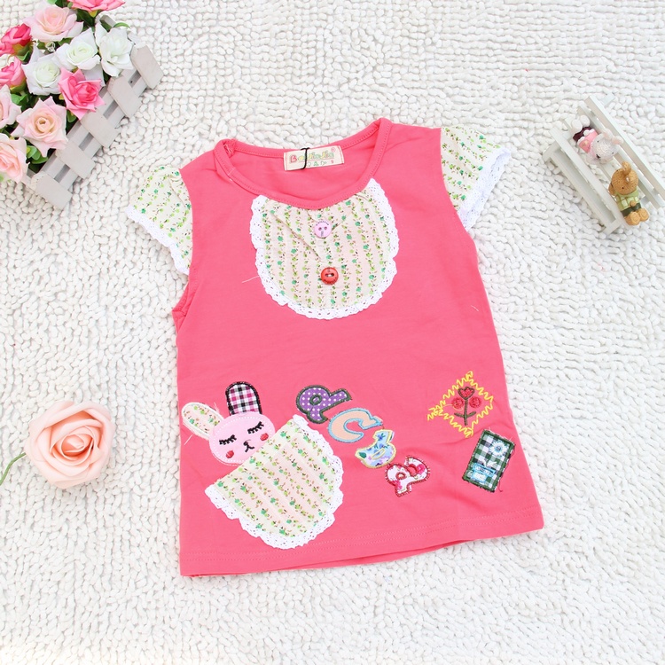 Child girls summer clothing 2013 100% cotton applique rabbit baby sleeveless T-shirt top girls casual