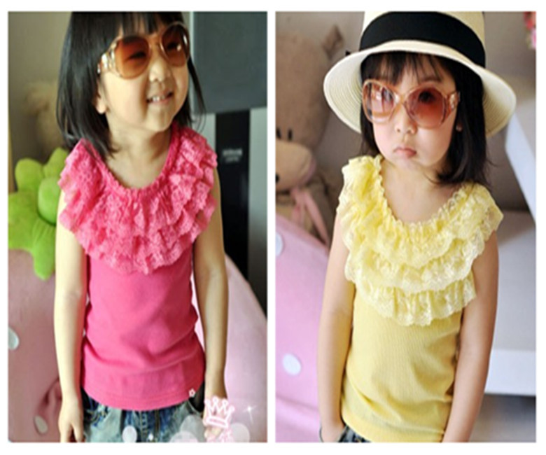 Child lace decoration spaghetti strap vest sleeveless shirt t-shirt 100% cotton baby girl sweet lace princess spaghetti strap