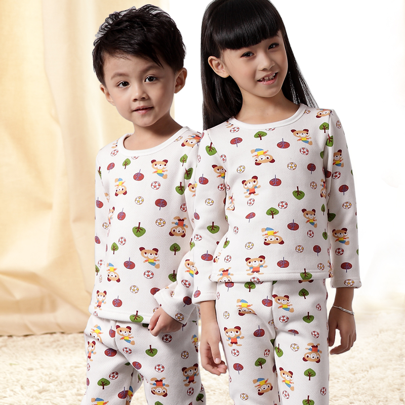 Child male child female child thermal underwear set 100% cotton plus velvet thickening sleepwear winter children's clothing