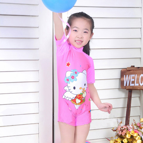 Child one-piece swimsuit pink kitty cat little girl swimwear surfing suit swimming cap