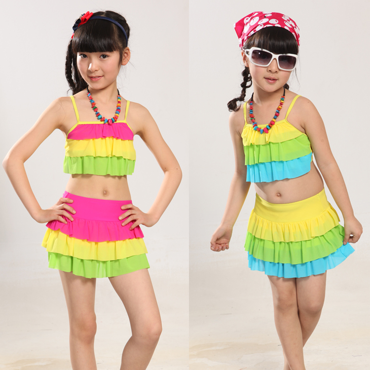 Child swimwear female child swimwear color block decoration skirted bikini girls split skirt swimwear 4 - 12