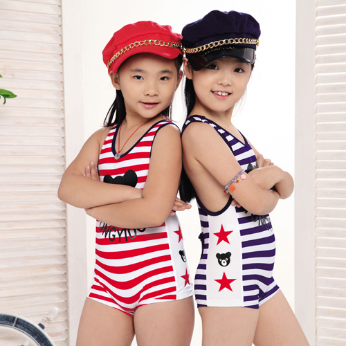 Child swimwear general one-piece swimsuit navy style stripe super handsome male the girl twins