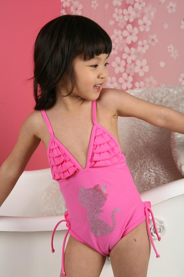 Child swimwear girls one piece female child swimwear baby swimwear bikini pink cat