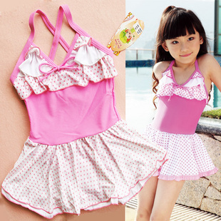 Child swimwear one-piece dress girl swimwear female child pink blue hot spring swimsuit