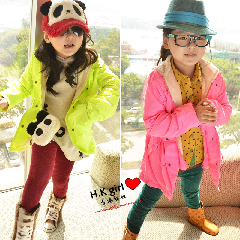 Child trench female child trench winter fashion product neon color plus velvet rope trench