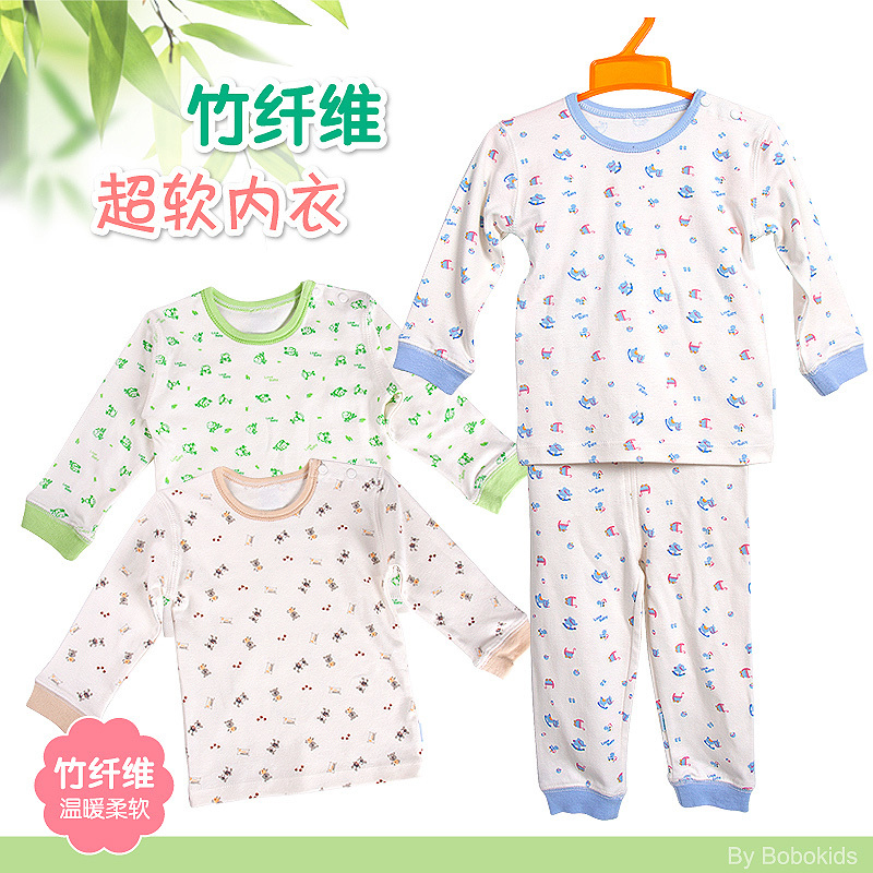 Children bobkids bamboo fibre print baby autumn and winter underwear set baby underwear sleepwear pants twinset