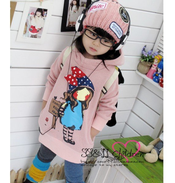 Children clothes wholesale winter cute girl fleece hooded sweater thick velvet plus free shipping 3-8 years