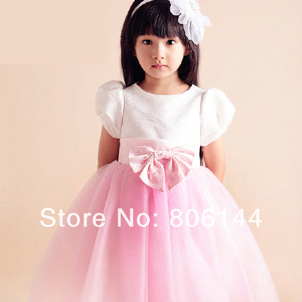 Children Luxury Bowknot&Lace&Beading White&Pink Flower Girl Formal Dress High Quality Kids Party/Pageant Princess Dress RBF002