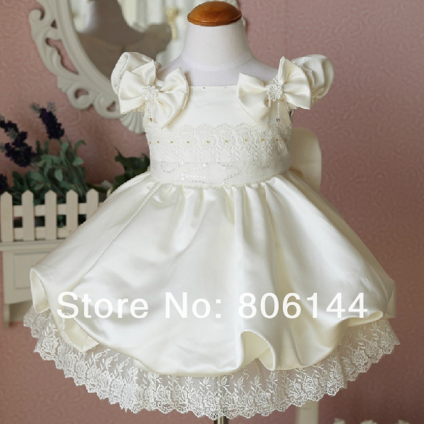 Children Luxury Lace&Beading&Bowknots Short Sleeve Ivory White Flower Girl Formal Dress High Quality Party/Pageant Dress YNF009