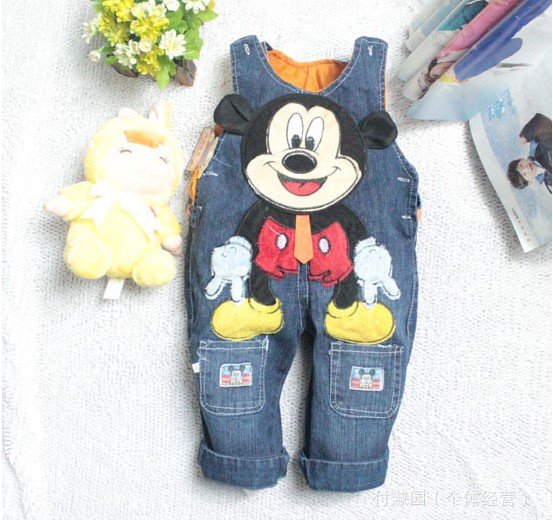 Children overalls mickey mouse fit 1-3 girls boys cotton  cartoon jeans 6 pieces/lot 3 size  free shipping