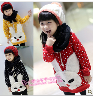 Children's clothing 2012 autumn and winter female child polka dot fleece three-dimensional rabbit with a hood sweatshirt