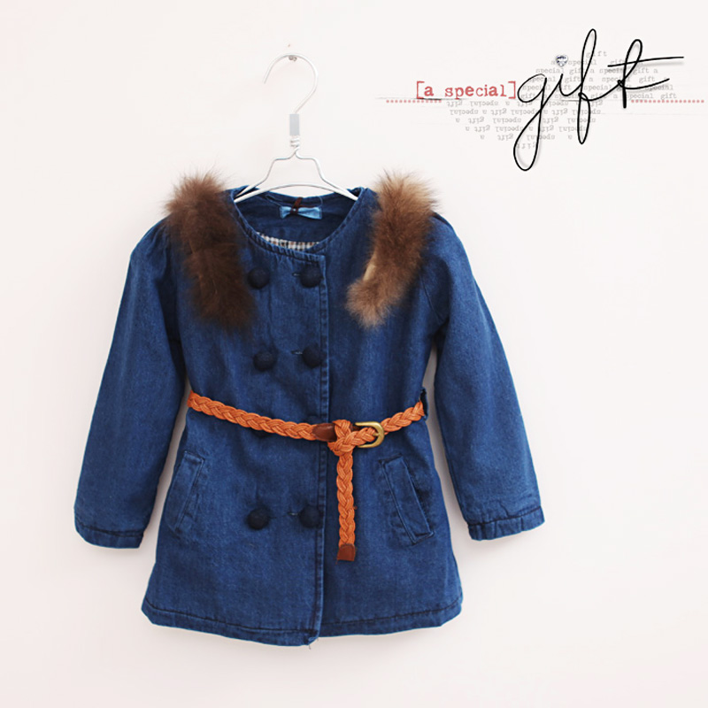 Children's clothing 2012 winter female child o-neck thickening rabbit fur flower belt denim wadded jacket g7-5
