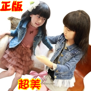 Children's clothing 2013 spring and autumn female child denim outerwear baby little girl laciness denim coat