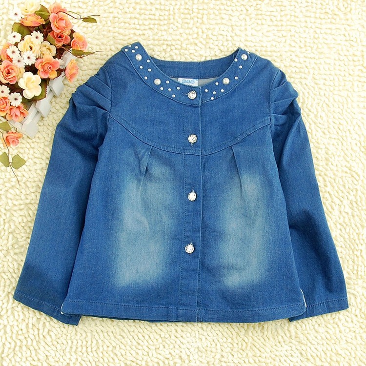 Children's clothing 2013 spring baby female child pearl o-neck girl denim outerwear cardigan short trench small fresh