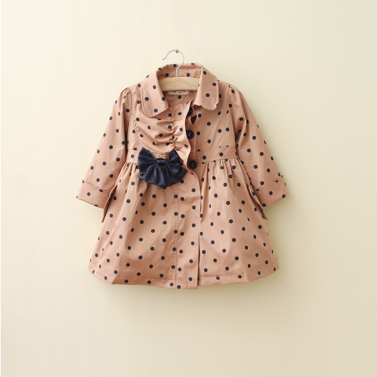 Children's clothing 2013 spring beige polka dot turn-down collar medium-long child trench female child outerwear