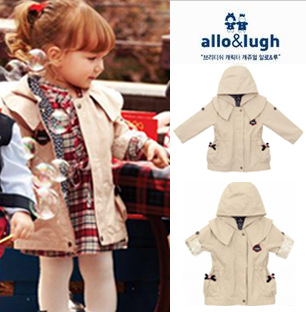 Children's clothing allo lugh female child long-sleeve preppystyle trench outerwear hooded
