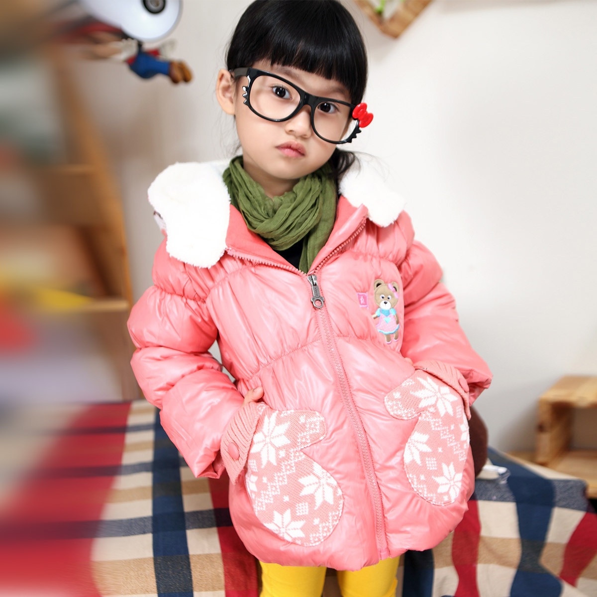 Children's clothing autumn and winter casual cotton-padded jacket female child with a hood zipper cotton-padded jacket qf10248