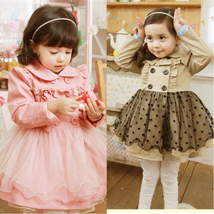 Children's clothing autumn female child trench outerwear 2012 autumn double breasted long-sleeve jumpsuit tulle dress skirt
